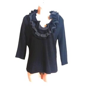 SAKS Cashmere Ruffled Neck Black and Gray CashmereSweater